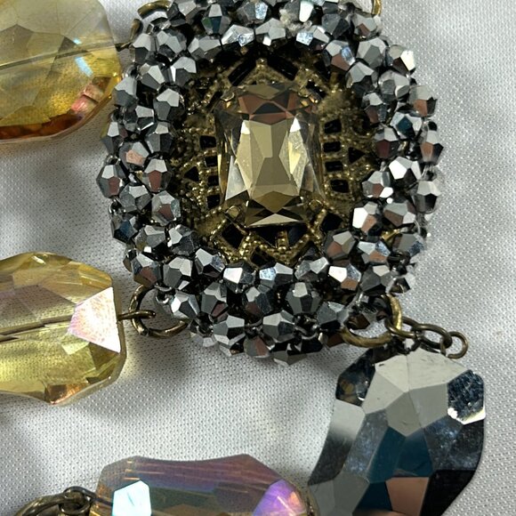 Chunky Beaded Multi Stone Retro Look Two Tier Necklace 14-16" Gold Tone Chain - Picture 9 of 10